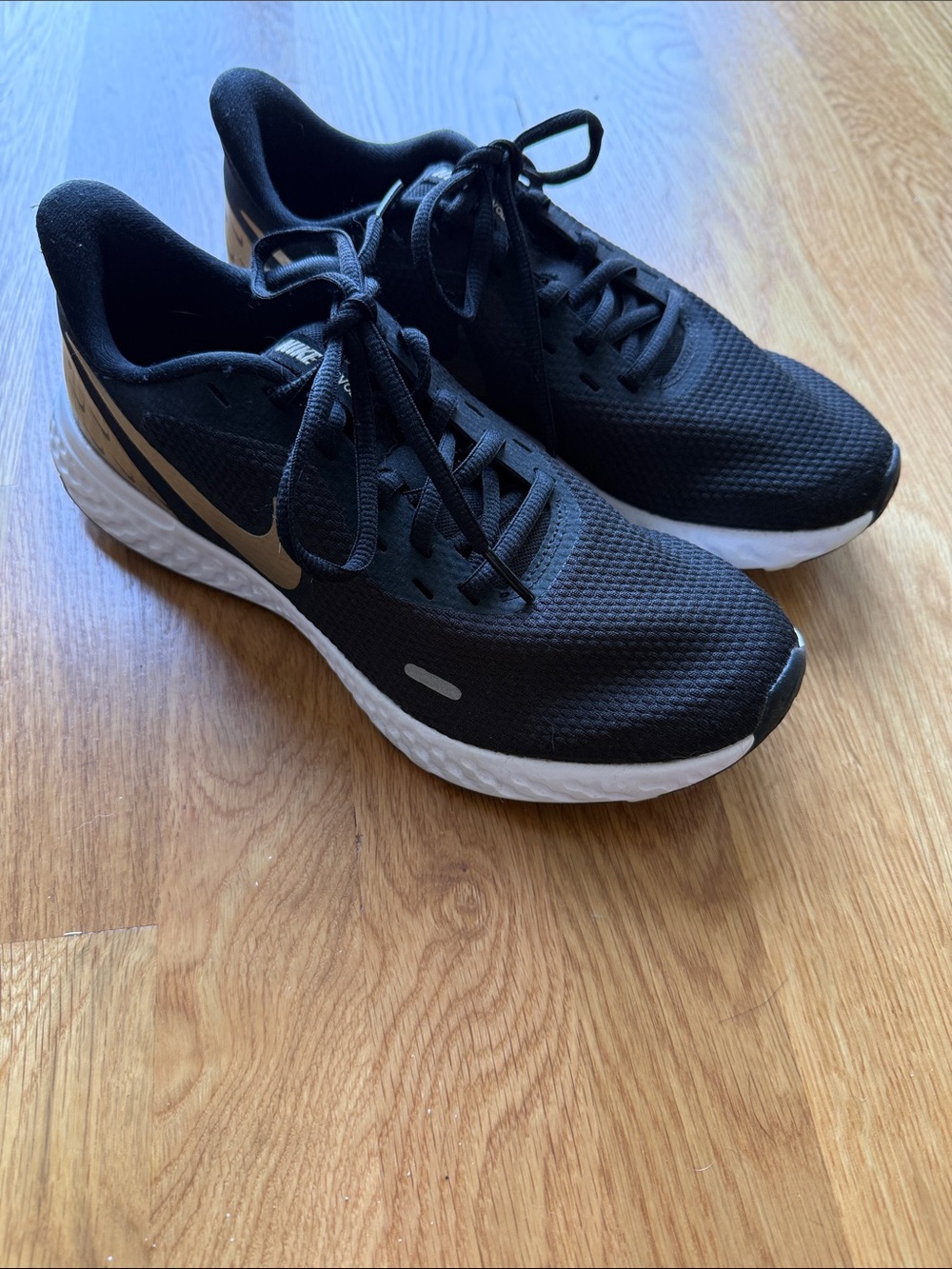 Nike Revolution Black and Gold Lightweight Running Sneakers NWOT